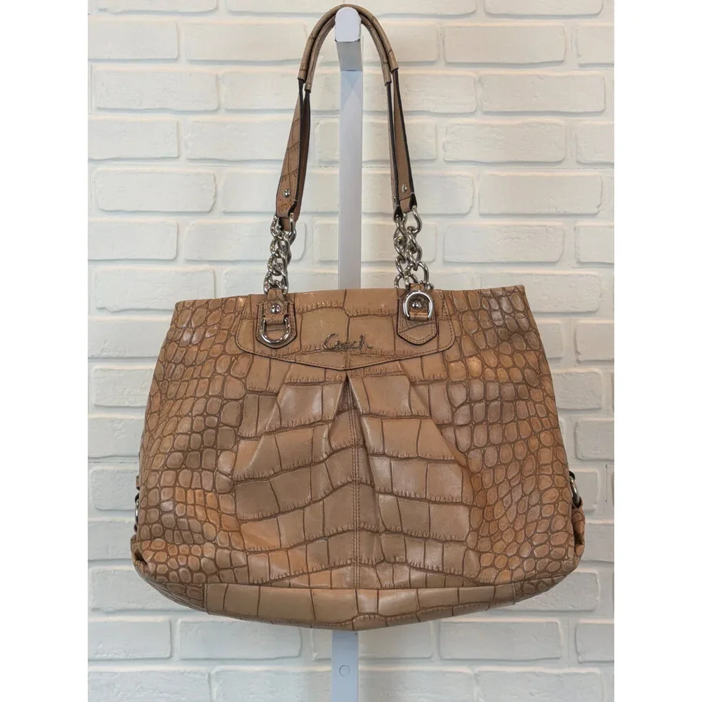 Coach Ashley Croc-Embossed Leather Carryall Tote Tan Silver Chain